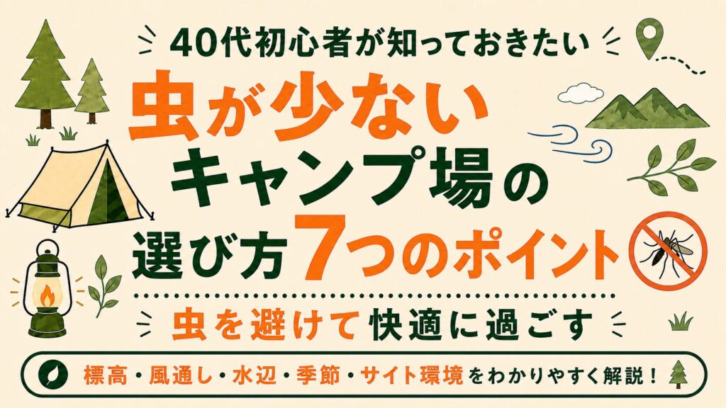 40代初心者向けに、虫が少ないキャンプ場の選び方7つを紹介するアイキャッチ画像。