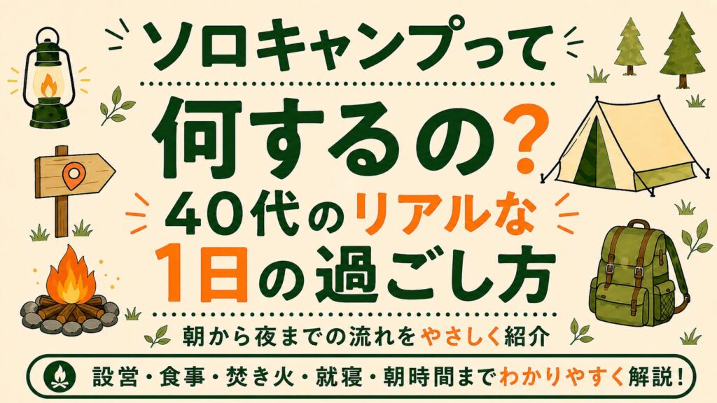 ソロキャンプで何をするのかを、40代のリアルな1日の過ごし方として紹介する文字メインのアイキャッチ画像。
