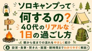 ソロキャンプで何をするのかを、40代のリアルな1日の過ごし方として紹介する文字メインのアイキャッチ画像。