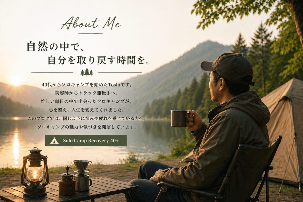 湖畔でコーヒーを飲みながらくつろぐ男性ソロキャンパーのプロフィール用イメージ