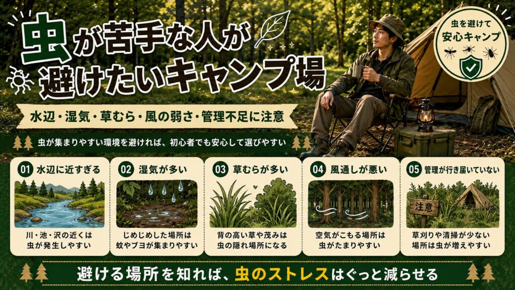 虫が苦手な人向けに、避けたほうがいいキャンプ場の特徴を水辺・湿気・草むら・風通し・管理不足の5項目で解説したキャンプガイド画像