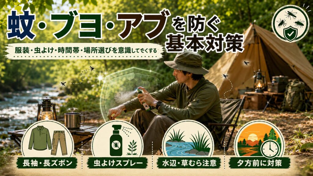 蚊・ブヨ・アブを防ぐための基本対策を解説するソロキャンプ向けインフォグラフィック
