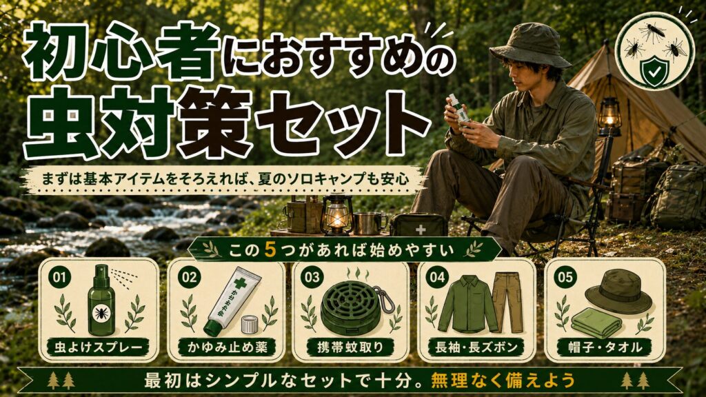 初心者向けの虫対策セットを紹介した、夏のソロキャンプ用インフォグラフィック