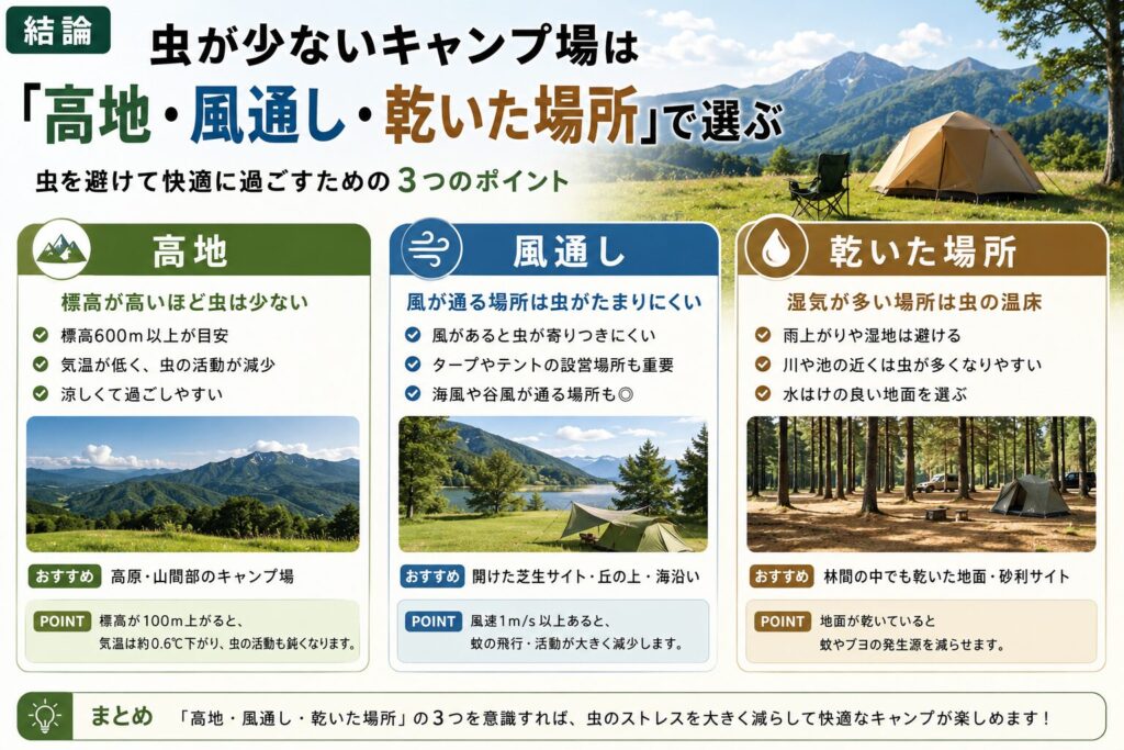 虫が少ないキャンプ場の条件として、高地・風通し・乾いた場所を解説した初心者向けキャンプガイド画像