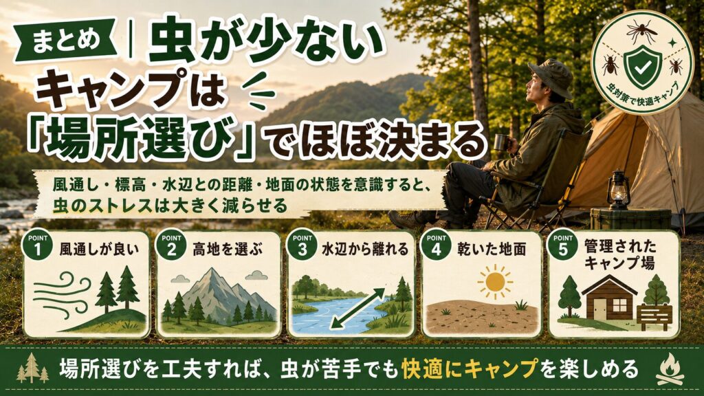 虫が少ないキャンプ場を選ぶためのポイントを、風通し・高地・水辺との距離・乾いた地面・管理状況の5項目で解説した初心者向けキャンプ画像