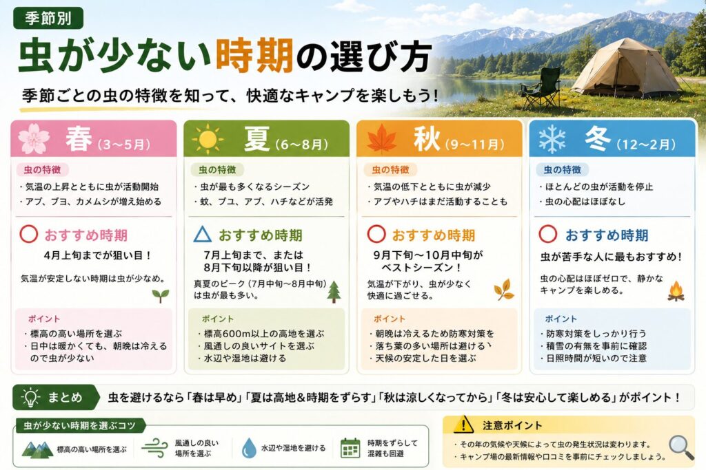 春夏秋冬それぞれの虫の特徴と、虫が少ない時期の選び方を解説した初心者向けキャンプガイド画像