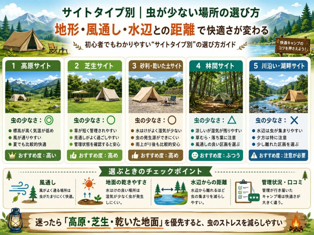春夏秋冬それぞれの虫の特徴と、虫が少ない時期の選び方を解説した初心者向けキャンプガイド画像
