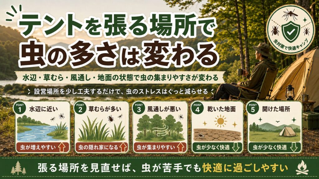 テントを張る場所によって虫の多さが変わることを、水辺・草むら・風通し・地面の状態など5つのポイントで解説したキャンプ初心者向け画像
