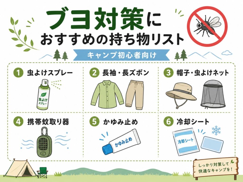 ブヨ対策におすすめの持ち物を初心者向けに紹介したキャンプ用チェックリスト画像