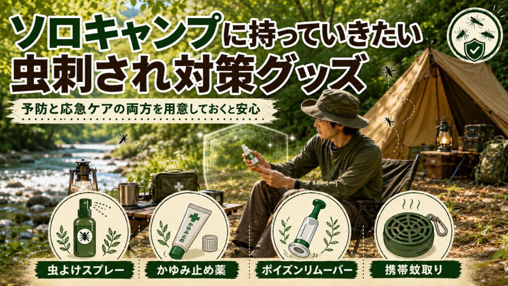 ソロキャンプで虫に刺されやすい場面を解説するアウトドア向けインフォグラフィック