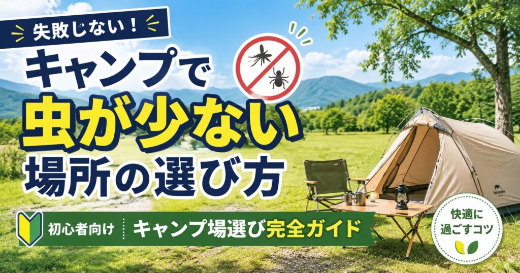 キャンプで虫が少ない場所の選び方を初心者向けに解説したアウトドア用アイキャッチ画像