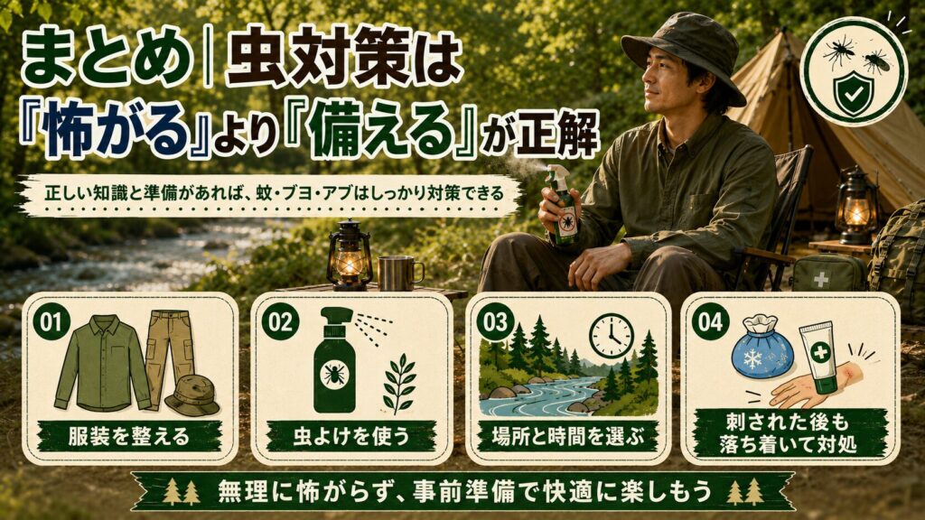 虫対策は「怖がる」より「備える」が大切だと伝える、ソロキャンプ向けの虫対策まとめインフォグラフィック