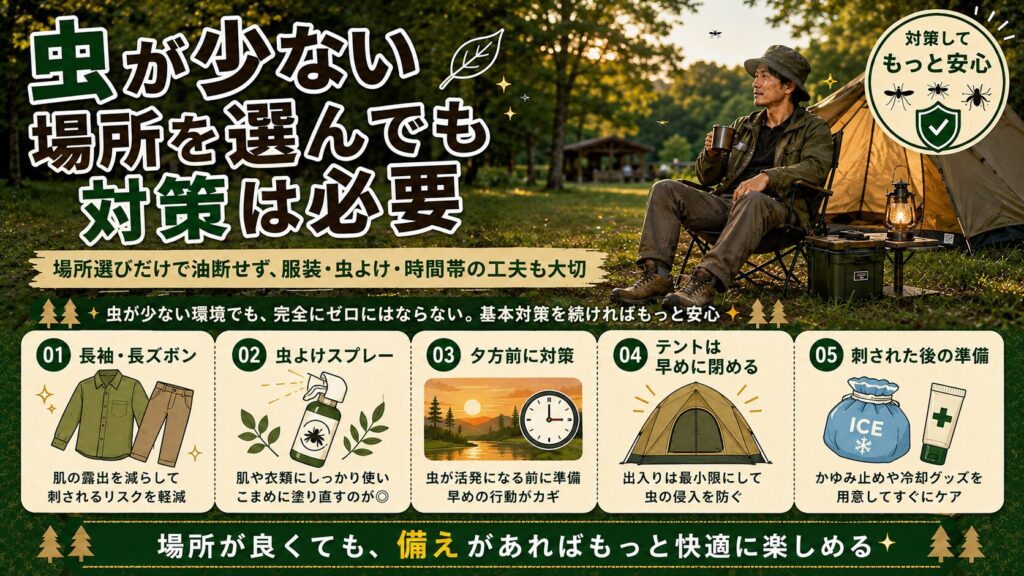 虫が少ない場所を選んでも対策は必要であることを、服装・虫よけ・時間帯・テント管理など5つの基本対策で解説したキャンプ初心者向け画像
