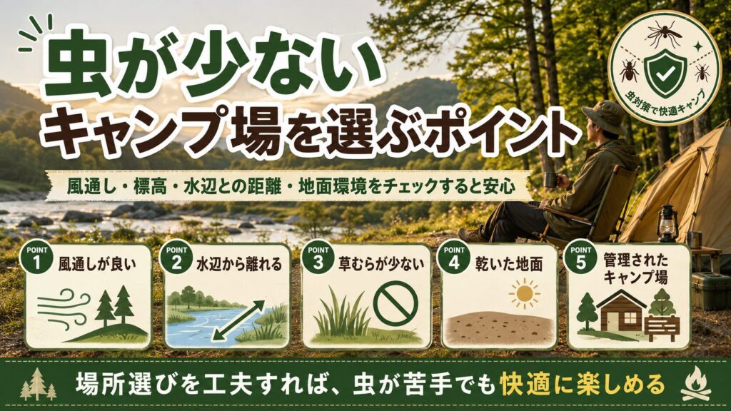 虫が少ないキャンプ場を選ぶためのポイントを、風通し・水辺との距離・草むら・乾いた地面・管理状況で解説したキャンプガイド画像