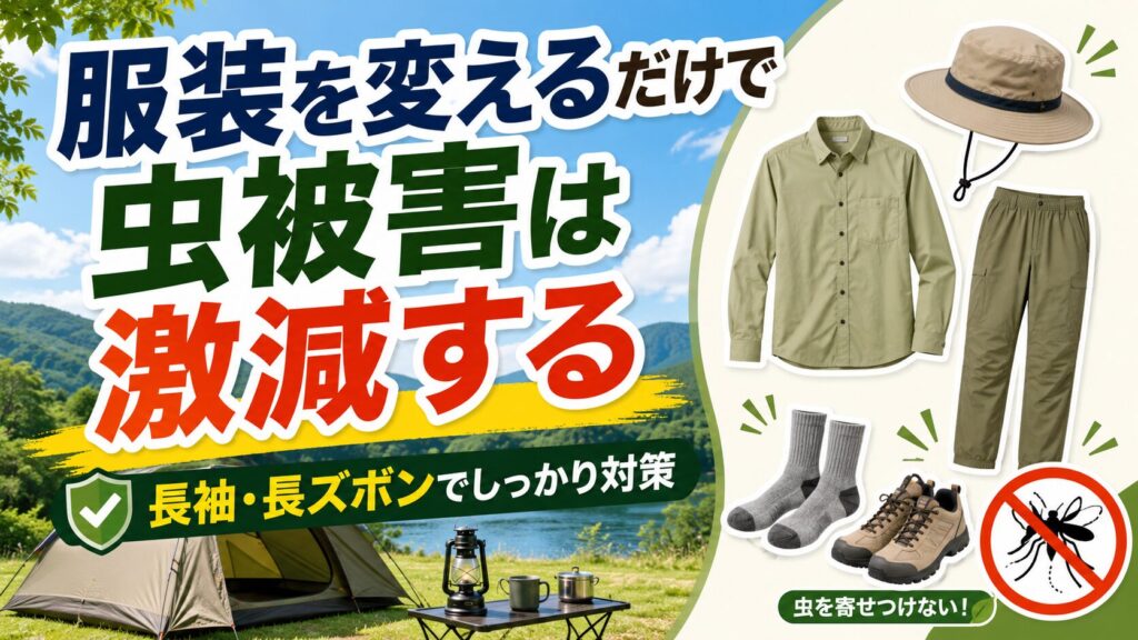 長袖・長ズボンなどの服装で虫刺され対策をする方法を紹介したソロキャンプ向けガイド画像