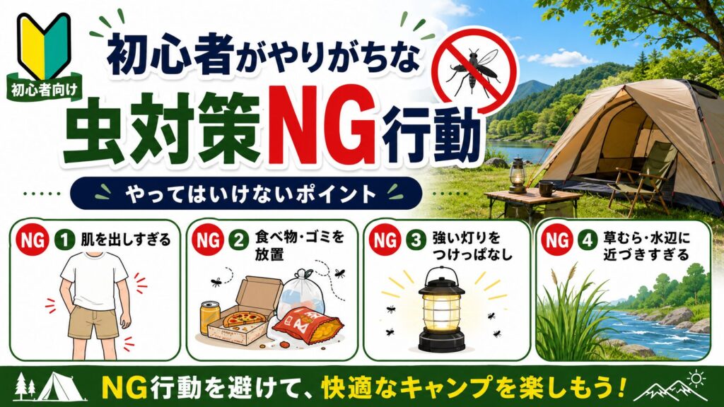初心者がやりがちなキャンプの虫対策NG行動を解説したソロキャンプ向けイラスト画像