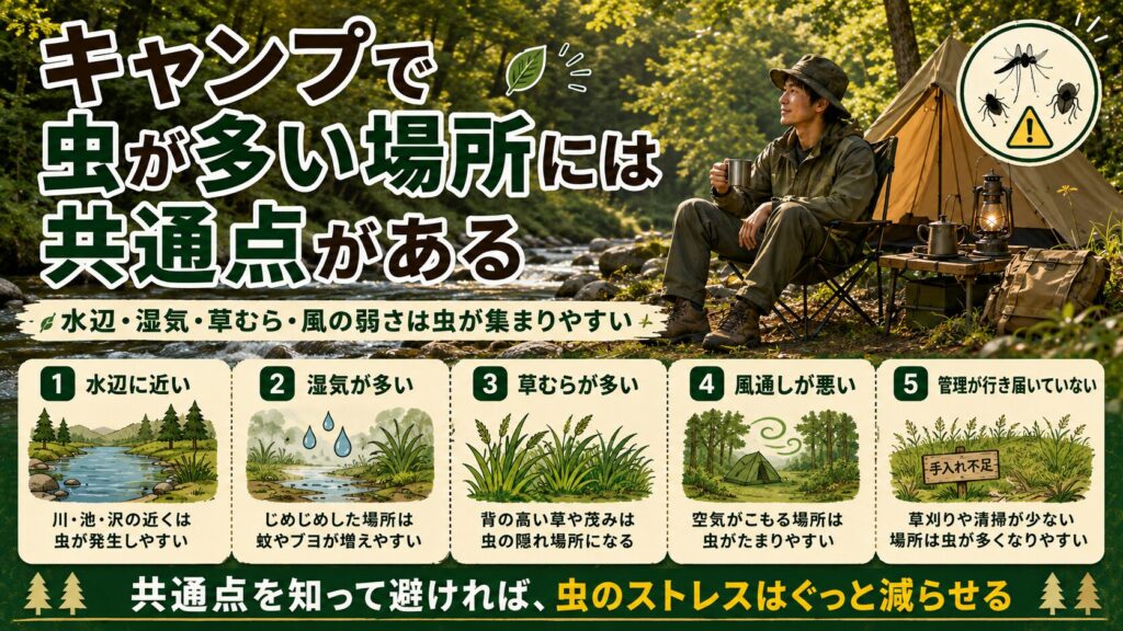 キャンプで虫が多い場所の共通点として、水辺・湿気・草むら・風通しの悪さを解説した初心者向けキャンプガイド画像