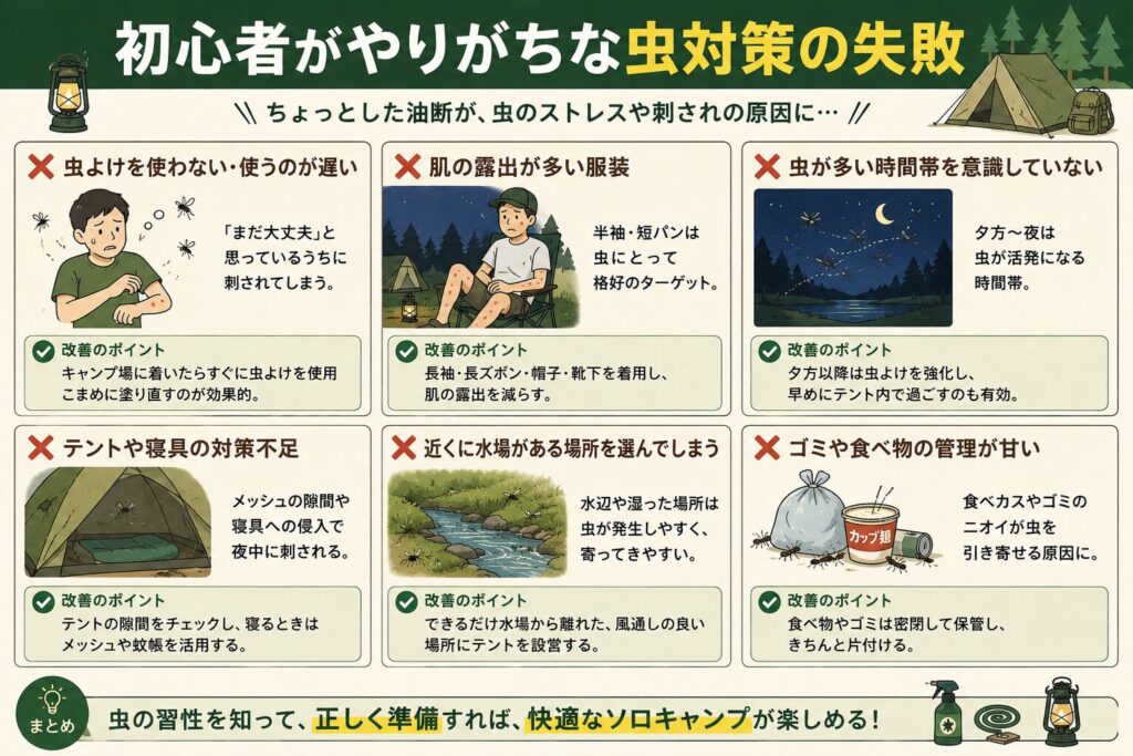 初心者がやりがちな虫対策の失敗例と改善ポイントを解説したソロキャンプ向けインフォグラフィック