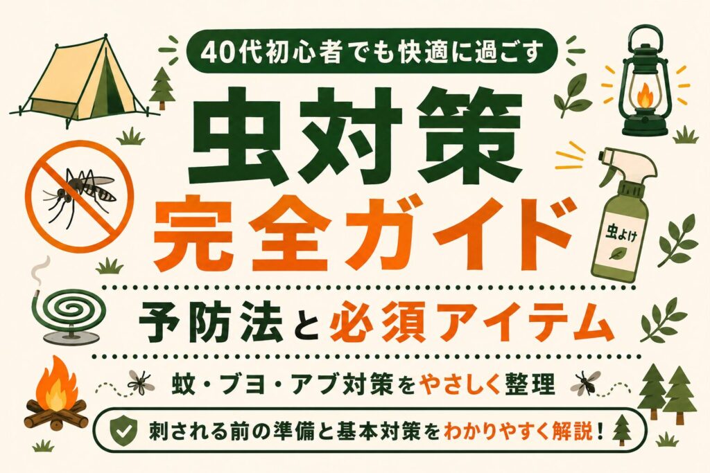 40代初心者向けに、ソロキャンプの虫対策を蚊・ブヨ・アブ対策や必須アイテムで紹介する文字メインのアイキャッチ画像。