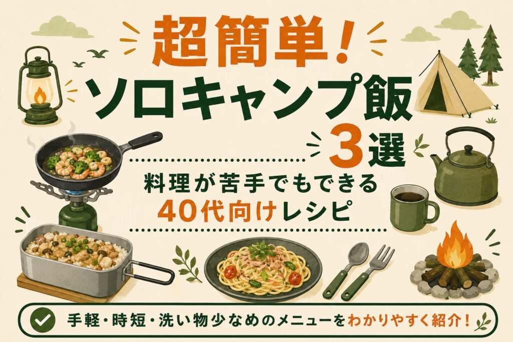 料理が苦手でも作りやすいソロキャンプ飯3選を、フライパン料理・メスティン飯・パスタなどで紹介するアイキャッチ画像。