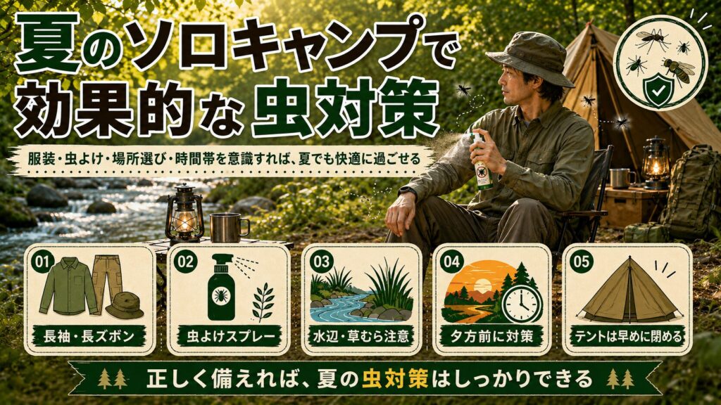 夏のソロキャンプで効果的な虫対策方法を紹介した初心者向けインフォグラフィック