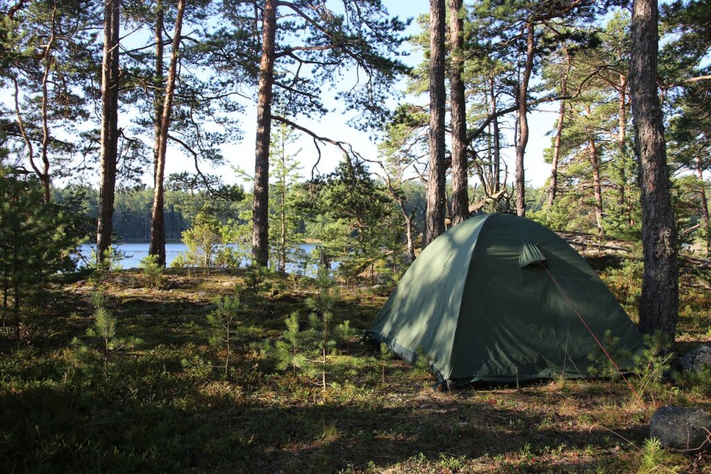 湖畔近くの森に設営されたソロキャンプ用テントの風景