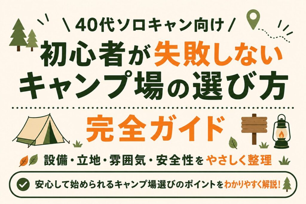 40代ソロキャンプ初心者が失敗しないキャンプ場の選び方を、設備・立地・雰囲気・安全性の観点で紹介するアイキャッチ画像。