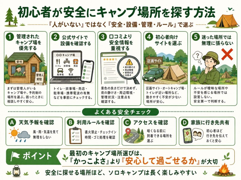 初心者が安全にキャンプ場所を探す方法を、管理人の有無・設備確認・口コミ・初心者向けサイト・安全チェックの観点で説明したイラスト画像。