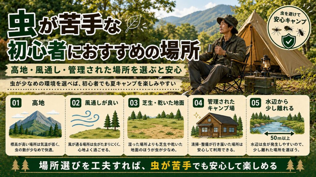 虫が苦手な初心者向けに、高地・風通し・乾いた地面・管理されたキャンプ場など虫が少ない場所の選び方を解説したキャンプガイド画像