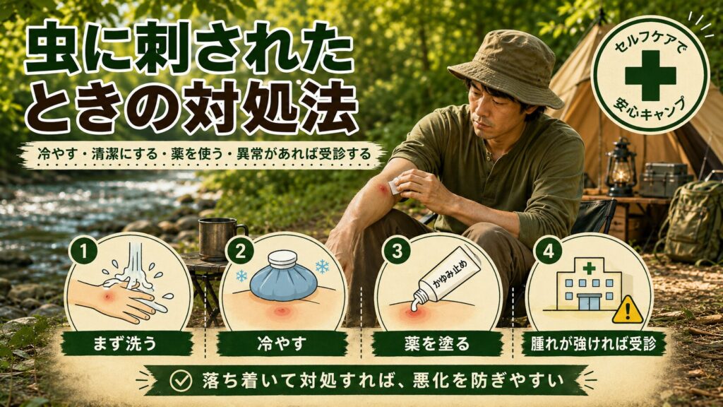 キャンプ中に虫に刺されたときの対処法を、手順付きで解説したソロキャンプ向けインフォグラフィック
