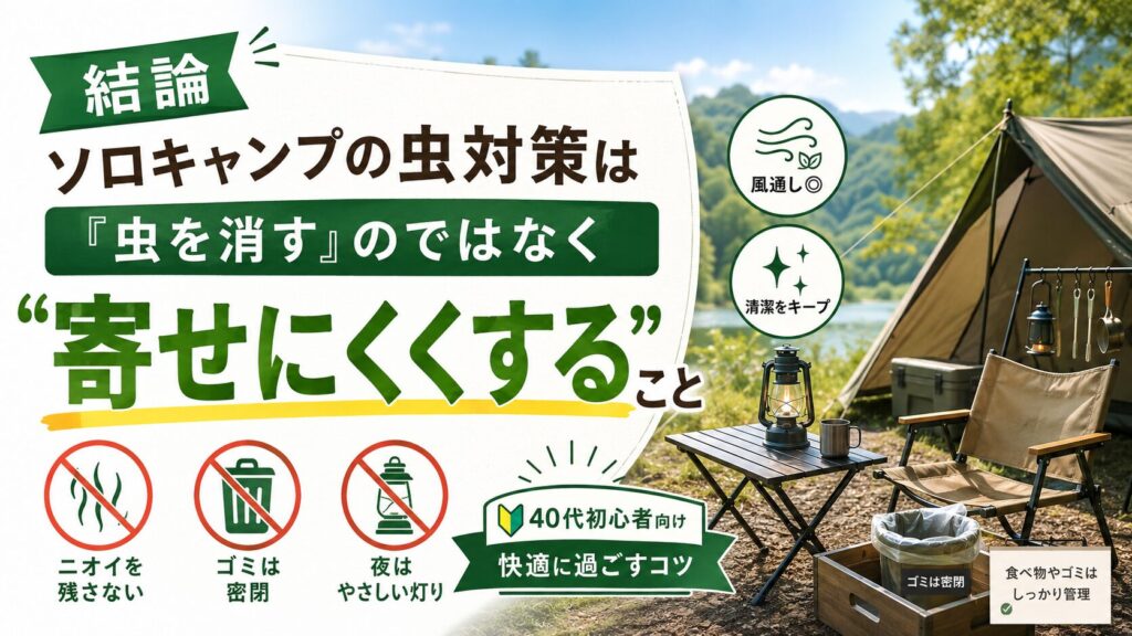 ソロキャンプの虫対策は「虫を消す」のではなく寄せにくくすることが大切と伝える初心者向けキャンプ画像
