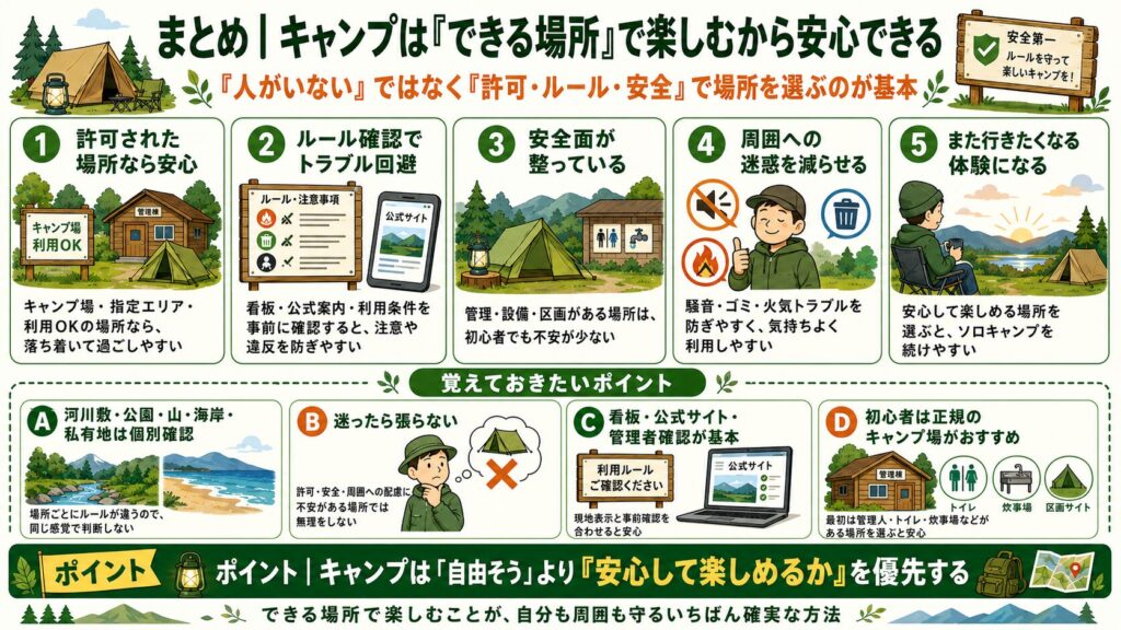 キャンプはできる場所で楽しむから安心できることを、許可・ルール確認・安全面・周囲への配慮・続けやすさの観点で説明したイラスト画像。