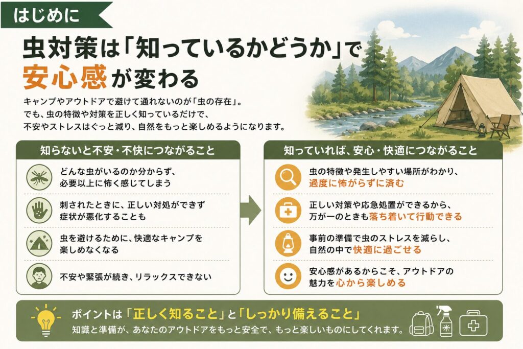 虫対策は「知っているかどうか」で安心感が変わることを解説した、キャンプ初心者向けインフォグラフィック