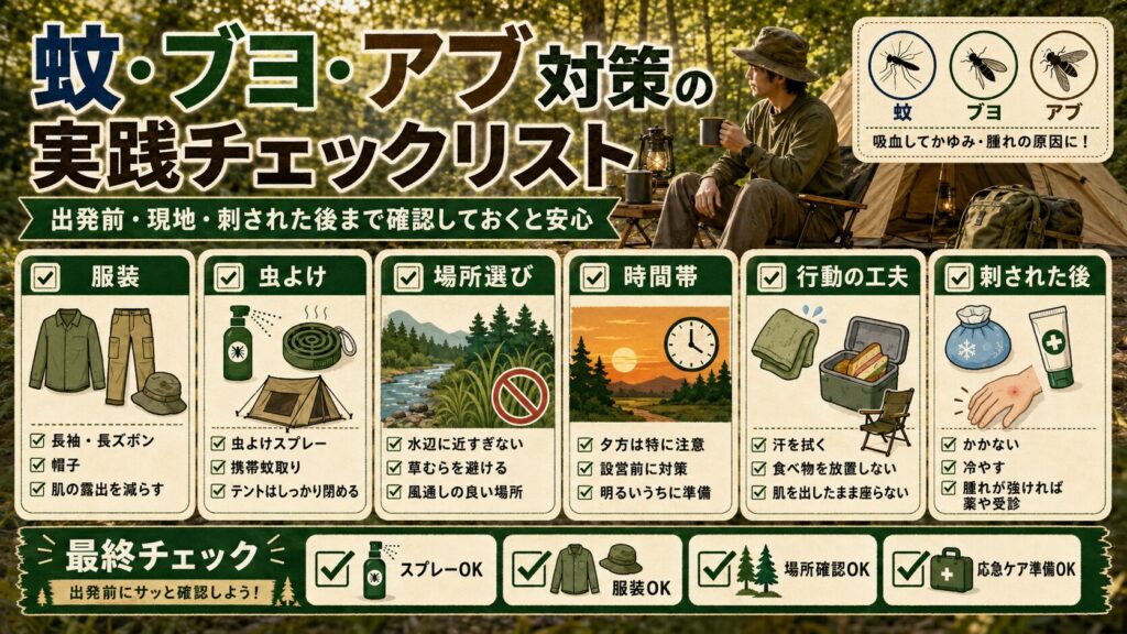 蚊・ブヨ・アブ対策の実践チェックリストをまとめたキャンプ向けインフォグラフィック