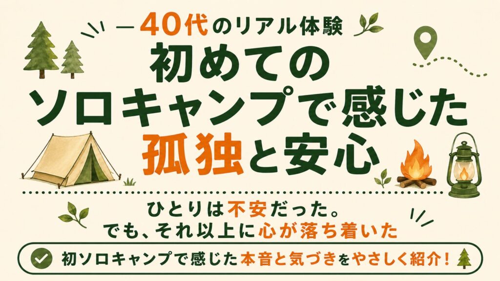40代の初めてのソロキャンプで感じた孤独と安心をテーマにしたアイキャッチ画像。