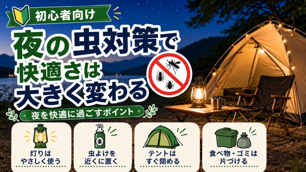 夜のソロキャンプで快適に過ごすための虫対策方法を紹介した初心者向けガイド画像
