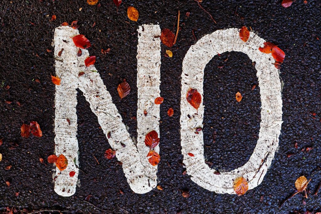 道路に大きく描かれた「NO」の文字と落ち葉の写真