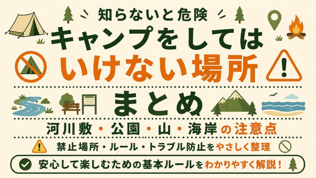 キャンプをしてはいけない場所を、河川敷・公園・山・海岸の注意点とルール確認の大切さで紹介する文字メインのアイキャッチ画像。