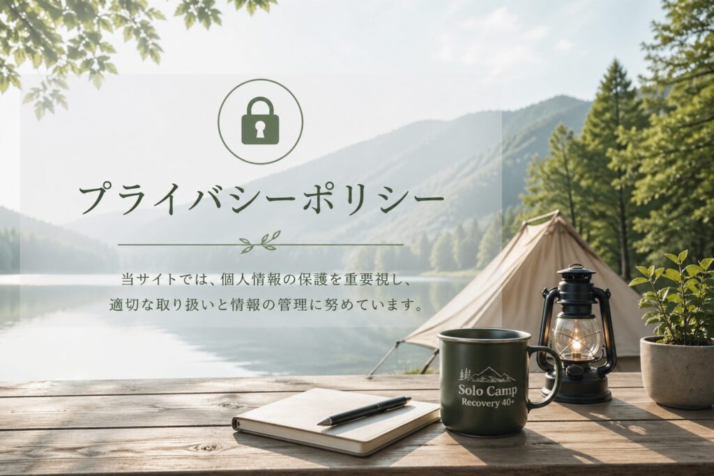 ソロキャンプの静かな湖畔とテント、プライバシーポリシーをイメージした落ち着いた風景
