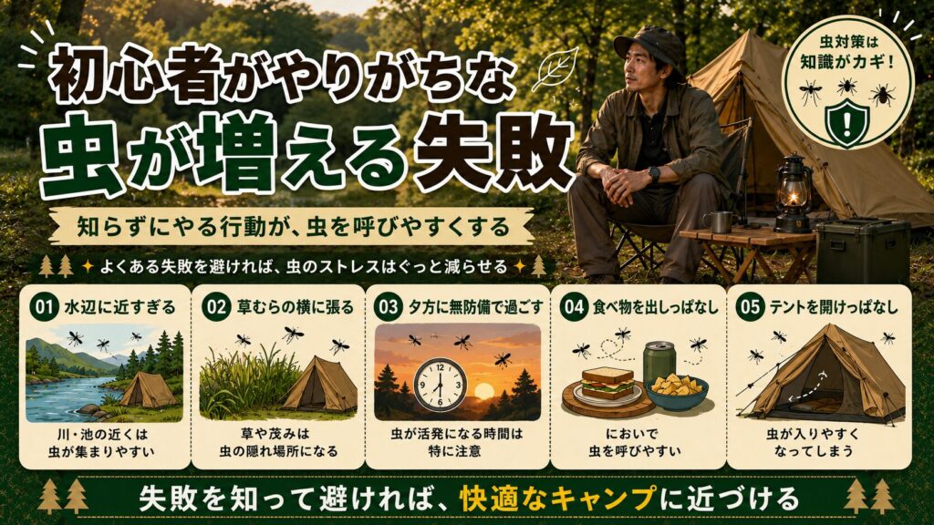 初心者がやりがちな虫が増える失敗例を、水辺・草むら・夕方・食べ物・テント管理の5つのポイントで解説したキャンプ初心者向け画像
