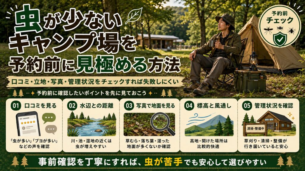 虫が少ないキャンプ場を予約前に見極める方法を、口コミ・水辺・写真・標高・管理状況の5つで解説したキャンプガイド画像