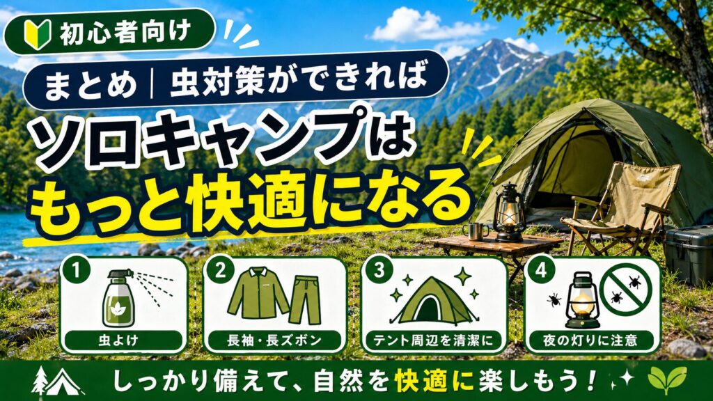 虫対策をすればソロキャンプはもっと快適になることを紹介した初心者向けキャンプ画像