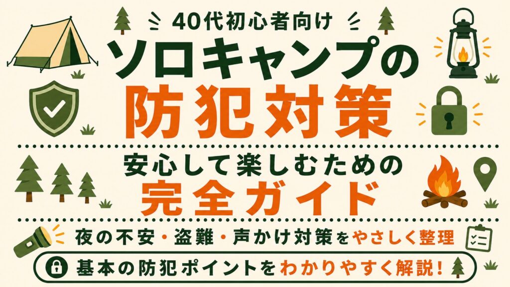 40代初心者向けに、ソロキャンプの防犯対策を夜の不安・盗難・声かけ対策などで紹介する文字メインのアイキャッチ画像。