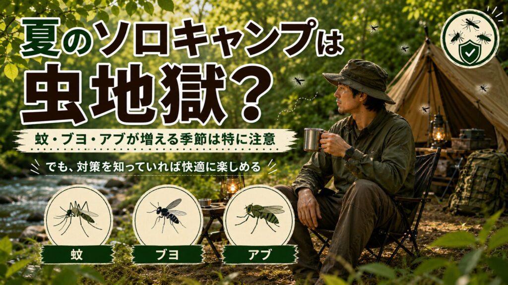 夏のソロキャンプは虫地獄なのかをテーマに、蚊・ブヨ・アブ対策を紹介するアウトドア向けアイキャッチ画像