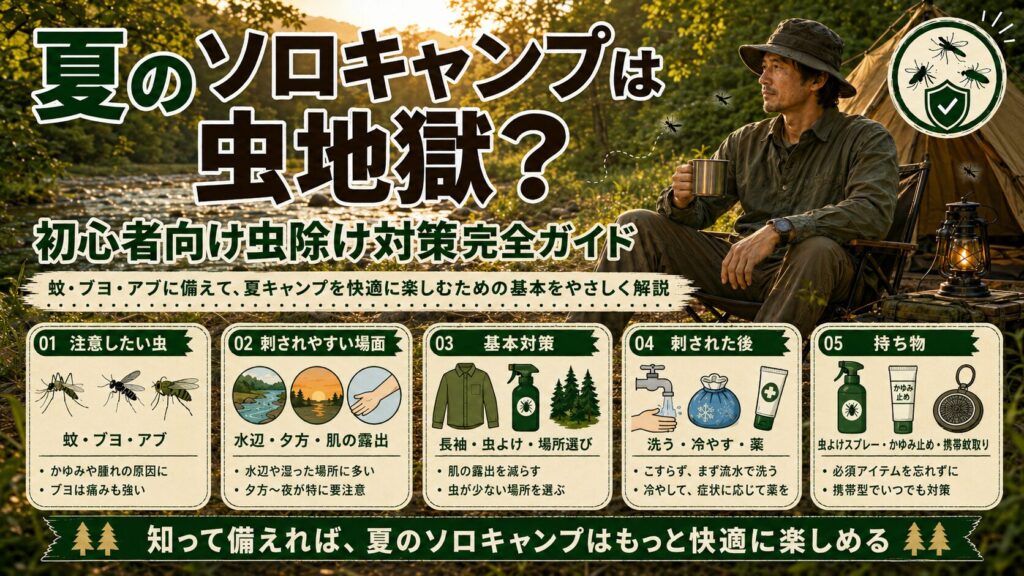 夏のソロキャンプ初心者向けに、蚊・ブヨ・アブ対策をまとめた虫除け完全ガイドのインフォグラフィック
