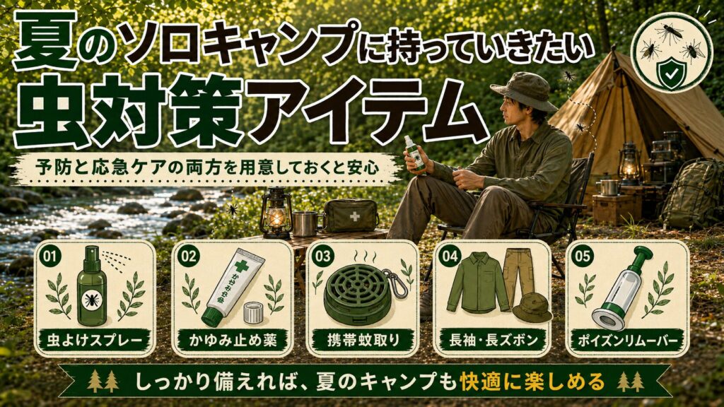 夏のソロキャンプに持っていきたい虫対策アイテムを紹介した初心者向けインフォグラフィック