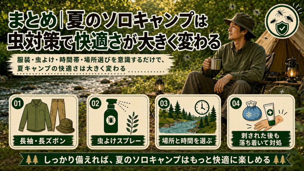 夏のソロキャンプを快適に楽しむための虫対策ポイントをまとめたアウトドア向けインフォグラフィック