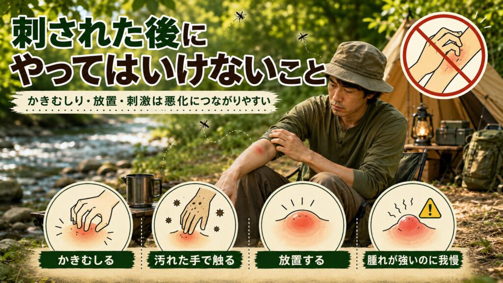 虫に刺された後にやってはいけない行動を解説するソロキャンプ向けインフォグラフィック