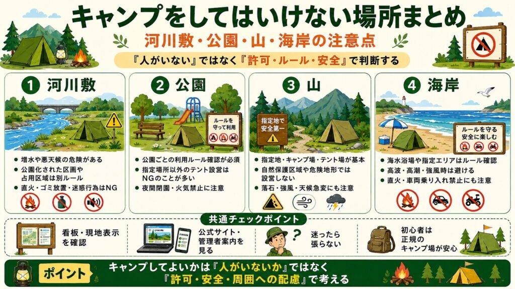 キャンプをしてはいけない場所を、河川敷・公園・山・海岸ごとの注意点と共通チェックポイントで説明したイラスト画像。