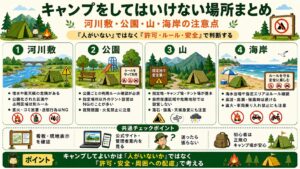 キャンプをしてはいけない場所を、河川敷・公園・山・海岸ごとの注意点と共通チェックポイントで説明したイラスト画像。